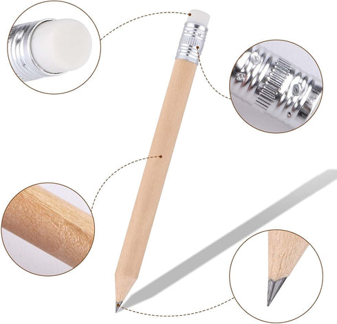 Mini Round HB Wood Pencils, 100 Pack, 4 Inch, for Kids, Preschoolers, Artists, Golf Pencils with Erasers