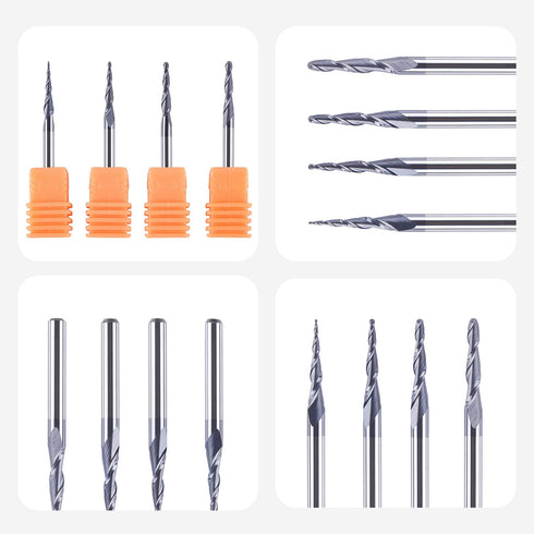 4Pcs/Pack R0.25~1.0 1/8" SpeTool Assorted Tip Tapered End Mill Cone Ball Nose Carbide Bit CNC Cutter for Carving