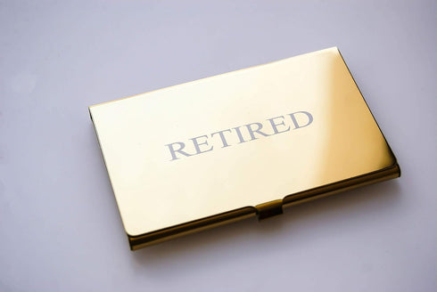 RXBC2011 Retired Business Cards, Funny Retirement Gift Pack of 50 with Gold Mirror Stainless Steel Case