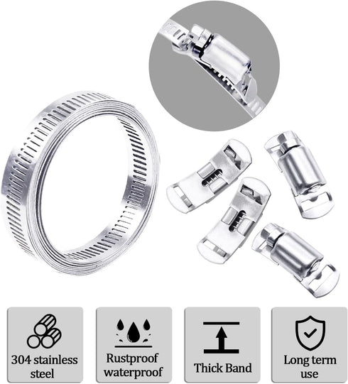 304 Stainless Steel Hose Clamp Assortment Kit, DIY 6.5FT Metal Strap + 4 Stronger Fasteners for Pipe, Duct, Tube