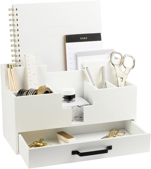 White Wood Office Desk Organizers and Accessories, Small Desk Organizer with Drawer for Home Office