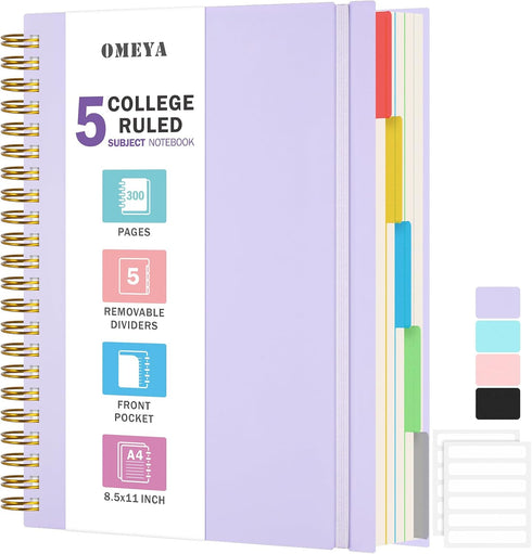 Spiral Notebook 8.5" x 11", 5 Subject College Ruled with Removable Dividers, 300 Pages, Thick Spiral Journal