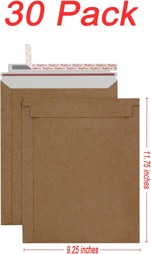 Rigid Mailers 30 Pack - 9.25 x 11.75 inches Brown Self Seal Bulk Cardboard Kraft Mailers for Documents