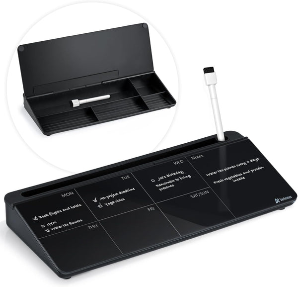 Varhomax Glass Weekly Dry Erase Desk White Board, Desktop To Do List Planner, Memo Desk Board Buddy, Black