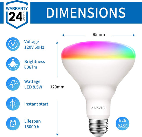 ANWIO Smart Light Bulb BR30 RGB Color Changing LED, WiFi Dimmable, E26 Base, 2 Pack