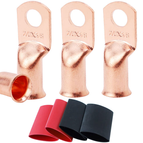 TKDMR 4pcs 2/0 AWG-3/8" Battery Lugs - Heavy Duty Copper Wire Lugs with 3:1 Heat Shrink Tubing
