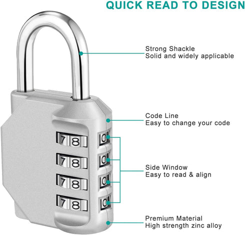 ZHEGE Combination Lock Outdoor, 4 Digit Re-settable Padlock for Gym, School, Fence, Employee Locker (Silver)