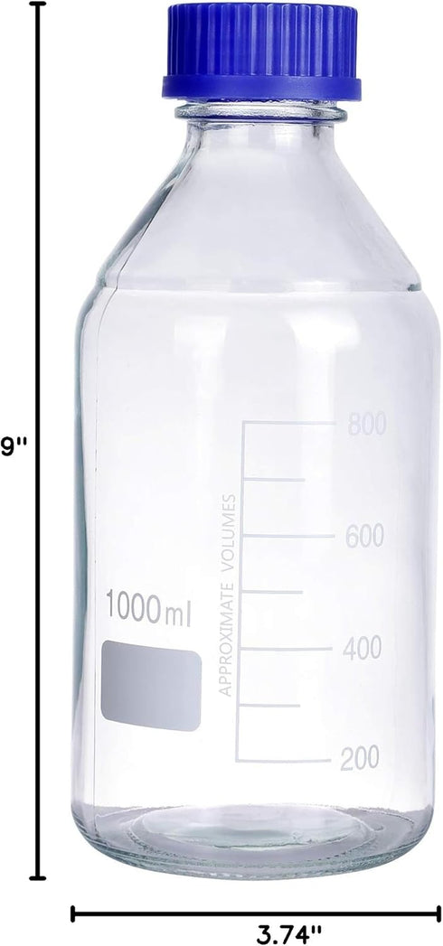 4 Pieces 1000 mL Graduated Round Glass Reagent Media/Storage Bottles with GL45 Blue Polypropylene Screw Cap