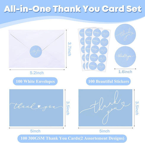 Supervitae 100 Pack 3.5 5 Inch Light Blue Thank You Cards Bulk with Envelopes and Stickers x Thank You Cards for Baby