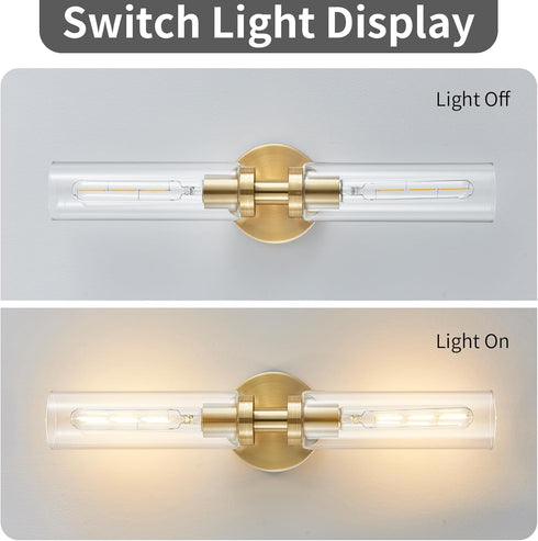 2-Light Lanhall Brushed Brass Gold Bathroom Light Fixtures Over Mirror Modern Vanity Light Wall Lighting with Clear