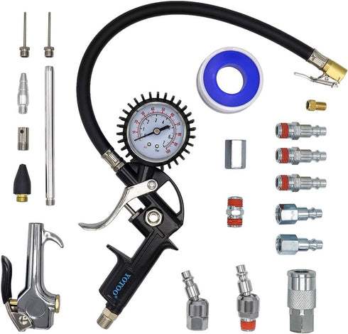 YOTOO Heavy Duty Air Compressor Accessory Kit, 20-Piece 1/4" NPT Tool Kit with Tire Inflator Gauge