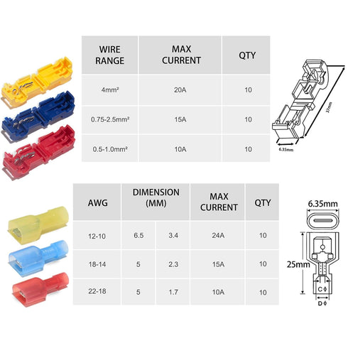 60 Pcs/30 (22-10 Pairs Quick Splice Wire Terminals T-Tap Self-Stripping Nylon Fully Insulated Male Quick Disconnects