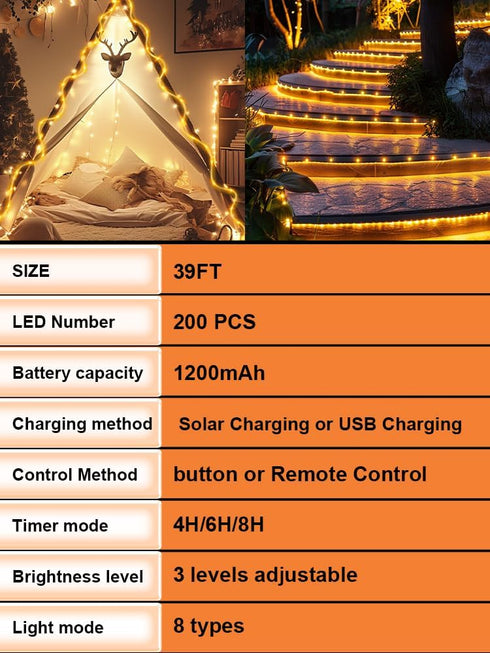 200LEDs Charging,39FT Larger Tube Solar Rope Lights Waterproof,Rechargeable Battery,Dual Outdoor String