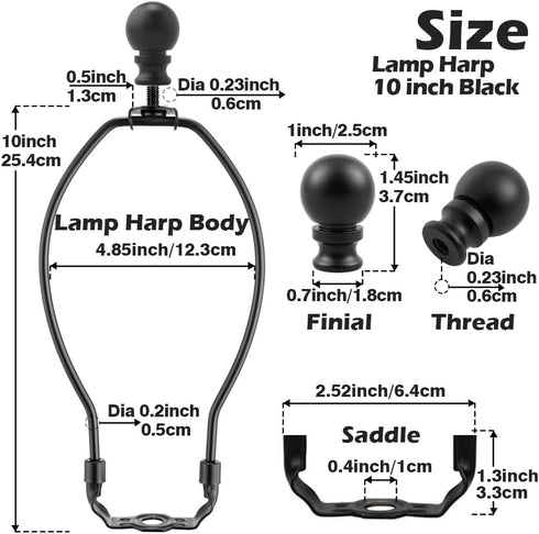 Asjeumt 10 Inch 2 Set Lamp Harp, Black Lamp Harps and Finial, Metal Lamp Shade Harp Holder, DIY Detachable Lampshade