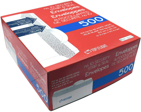 Top Flight PSTF10NWT #10 Envelopes, Strip & Seal, Security Tinted, White Paper, 24 lb, 500 Count by Top Flight