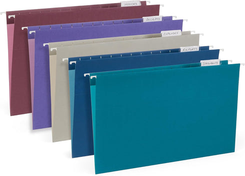 Blue Summit Hanging File Folders for Organization, Legal Size, Assorted Jewel Tones, 25 Pack