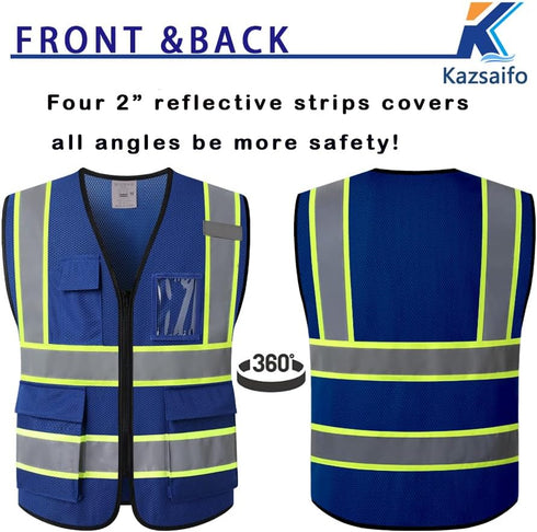 Reflective Safety Vest for Men Women, High Visibility Mesh Vest with 5 Pockets and Zipper Front, Meets ANSI/ISEA