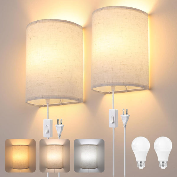 Shenmoyl Plug in Wall Sconces Set of 2 - Dimmable 3 Light