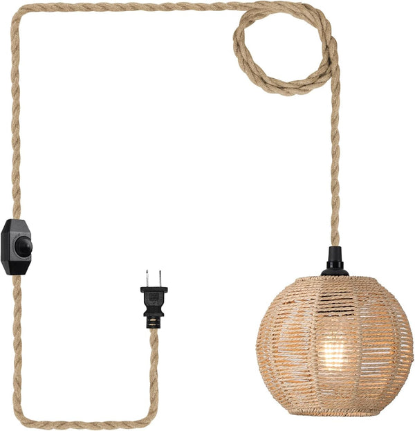 15ft Plug in Pendant Light with Cord Dimmable Switch Rattan Hanging Lamp
