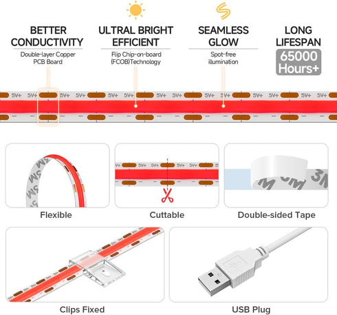 3.28FT 320LEDs 5V 8mm 90+ 3D BTF-LIGHTING FCOB USB Powered Red Color COB LED Strip Lights Width High CRI Ultra Bright