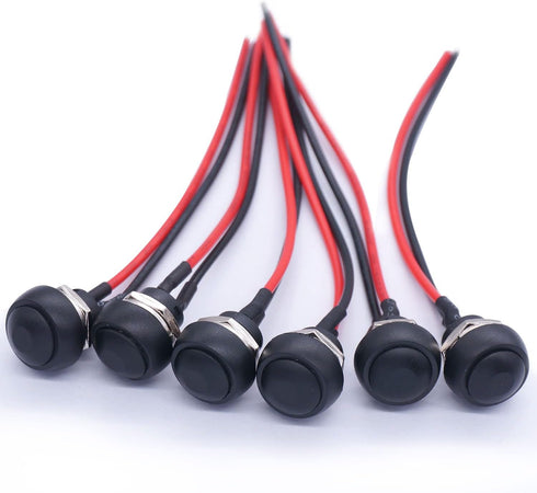 Twidec 6Pcs Momentary Push Button Switch - 12mm On Off Mini Round Waterproof Black with Pre-soldered Wires