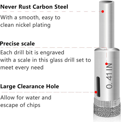 Glass Drill Bit Set, 5 pcs Diamond Hole Saw Remover Tool for Glass Marble Granite Fiberglass Ceramic Tile 3 8in 0.4IN