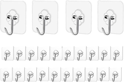 Adhesive Hooks Kitchen Wall Hooks, 24 Packs Heavy Duty 33lb(Max) Nail Free Sticky Hangers with Stainless Hooks