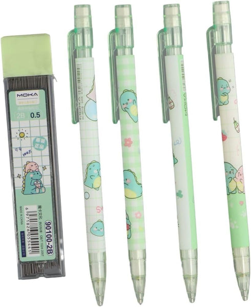 Kawaii Mechanical Pencil Set Include 4 Pcs Dinosaur Mechanical Pencils with 1 Tubes 0.5 mm Pencil Refills and Erasers for Writing, Drawing, Sketching by Pokinge
