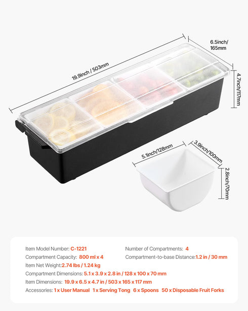 4 VEVOR Chilled Condiment Server, Compartment Ice Cooled Condiment Serving Container, Chilled Garnish Tray Bar Caddy