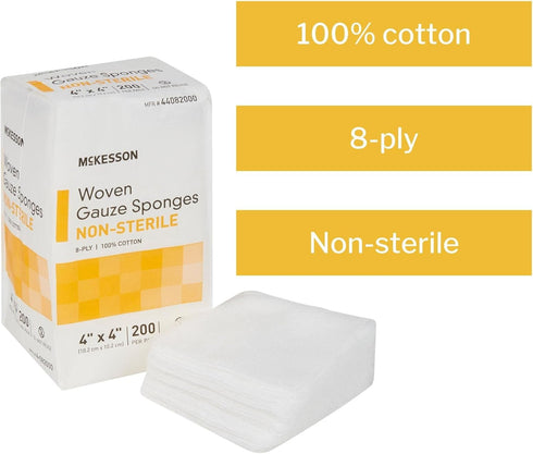 McKesson Woven Gauze Sponges, Non-Sterile, 8-Ply, 100% Cotton, 4 in x 4 in, 200 per Pack