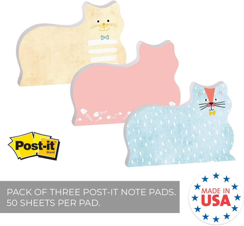 Cat Shaped Sticky Note Pad Assortment / Set of Three Feline Designs / 4" x 3" Modern Sticky Notes / Made in USA