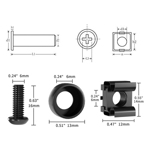50 PACK M6 x 16mm Rack Mount Cage Nuts, Screws, Washers for Server Cabinet, Includes Self-Locking Cable Ties