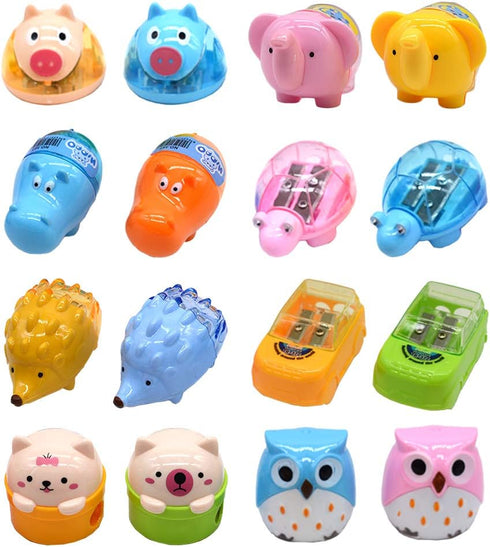 Cartoon Animal Pencil Sharpeners, Cute Two-Holes Plastic Sharpener, School Student Stationery Supplies (Set of 16)