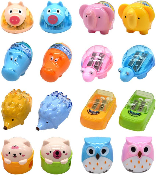 Cartoon Animal Pencil Sharpeners, Cute Two-Holes Plastic Sharpener, School Student Stationery Supplies (Set of 16)