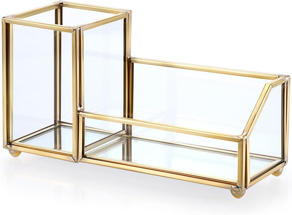 Hipiwe Glass Business Card Holder with Pen Pencil Cup, Gold Metal Name Card Display Organizer for Office Desk