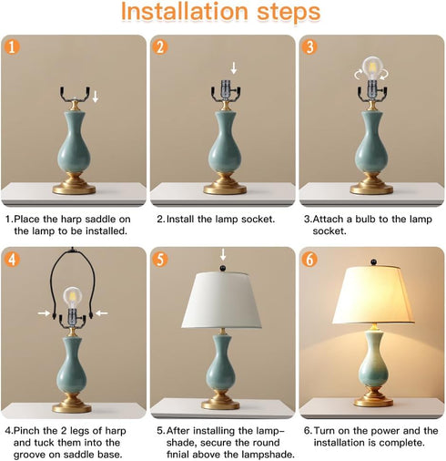 8 Inch Lamp Harp, 2 Set Black Lamp Shade Holder with Finial, DIY Detachable Replacement Adapter for Table & Floor Lamps