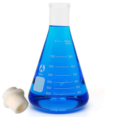 Glass Flask Erlenmeyer Flask, Narrow Mouth, 1000ml Graduated Flask with Stopper (Single).