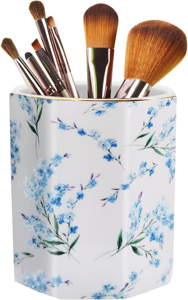 Pencil Holder for Desk Organizer, Ceramic Floral Pattern Storage for Writing Utensils, Makeup Brush Holder - Blue