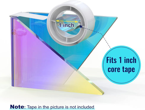 Iridescent Acrylic Tape Dispenser with Sharp Stainless Steel Sawtooth for 1 Inch Roll, Colorful Clear Office Desktop