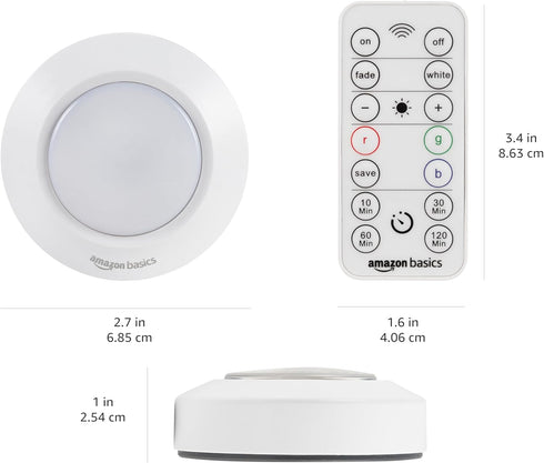 40 Closets, 2-Pack, Amazon Basics LED Puck Lights, Color Changing, Battery Operated, IR Remote, Lumens, Under Cabinet