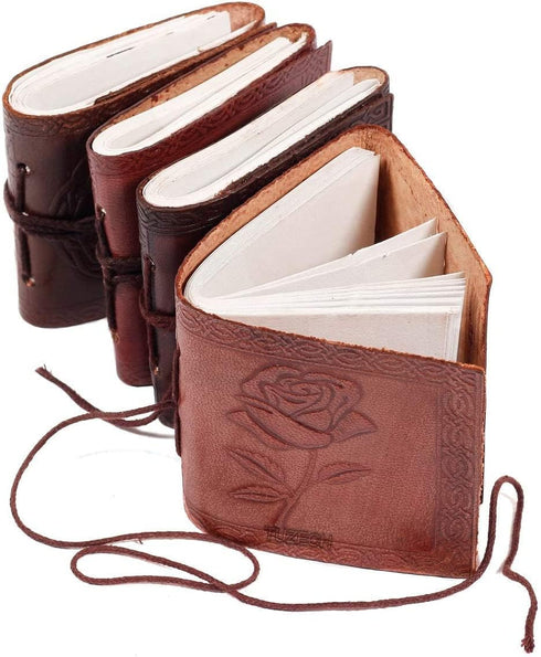 TUZECH Handmade Leather Mini Notebook, Book of Shadows, Blank Unlined, Vintage Diary, Set of 4, Rose