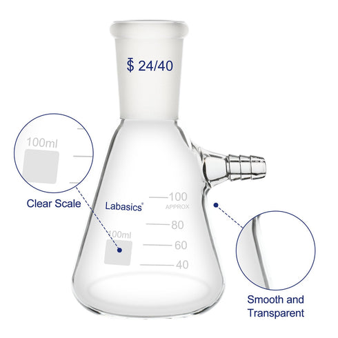 100 ml Filtering Flask with 24/40 Standard Taper Joint, High Borosilicate Glass Filter Flask, Bolt Neck with Tubulation