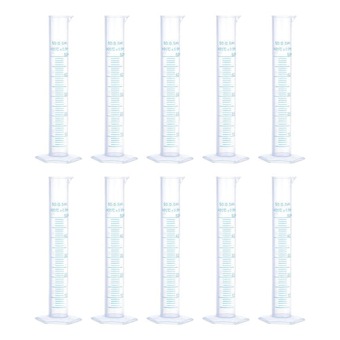 uxcell 50ml Plastic Graduated Cylinder, Test Tube Beakers, Clear Hex Base with 2-Sided Metric Marking, 10Pcs