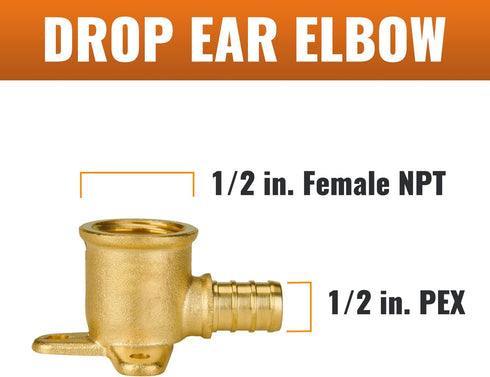 SUNGATOR 2 PCS Pex Fittings, 1/2 inch Drop Ear Elbow, 1/2" Pex to 1/2" Female NPT, No Lead Brass, ASTM F1807