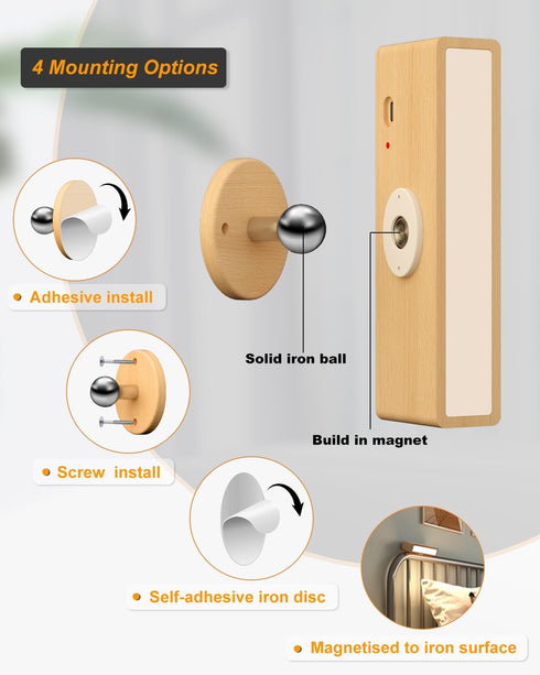 Bedroom,Dimmable DetarZinLED Wall Lights Battery Operated Wooden,Magnetic Wall Sconces Rechargeable,Adhesive Wall