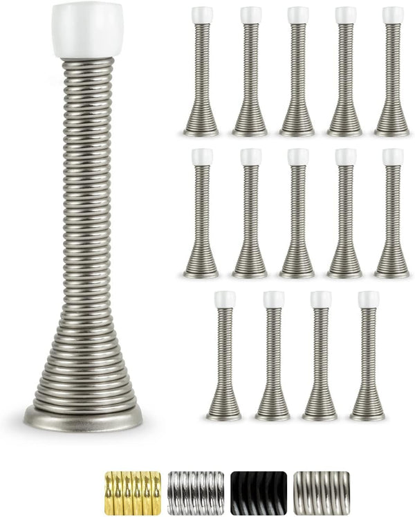 Jack N’ Drill 15 Pack Spring Door Stoppers, 3.1" Heavy Duty Satin Nickel, Child & Pet Friendly