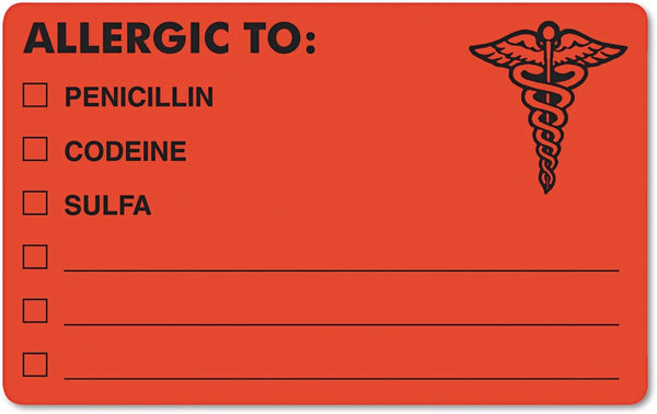 Allergy Warning Labels, Allergic to: Penicillin, Codeine, Sulfa, 2.5 X 4, Fluorescent Red, 100/roll by Tabbies