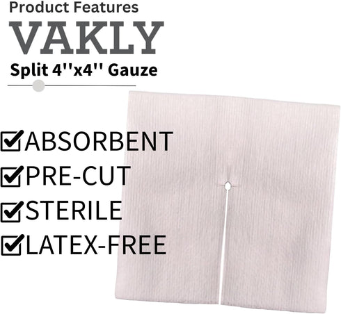 4 4 (150 Pack) 6-Ply Vakly Sterile Split Gauze x in Drain Sponges with Precut Slit, Absorbent Non-Woven Dressing