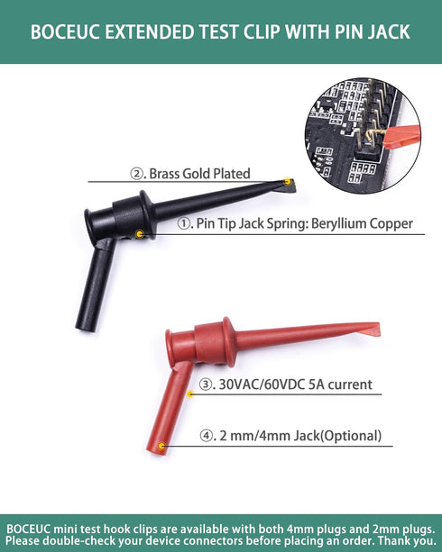 Mini Grabber Test Clip with 2MM Banana Jack, 2 PCS Multimeter Test Lead Hooks for Electronic Testing