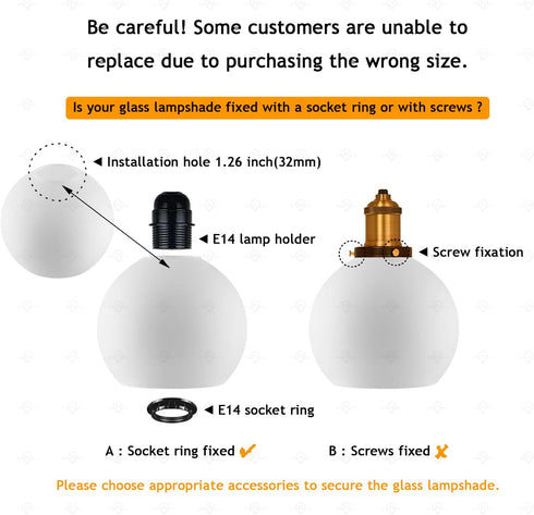 WEIYOUDJ 3.93 Inch E14 1.26 Inch White Glass Globe Shade Fixture Replacement, Diameter, Base Fitter, double hole Glass